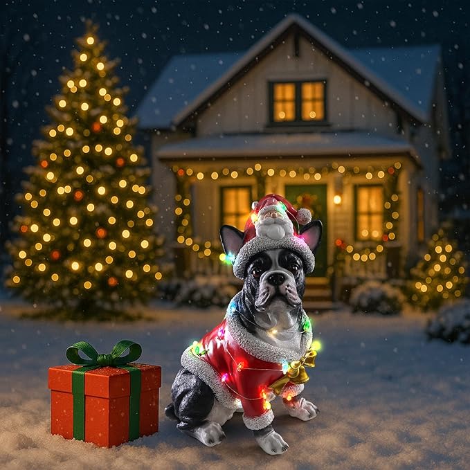 Christmas Outdoor Decoration Dog Statue, LED Light Cute French Bulldog Sculpture with Santa Outfit & Lights for Garden and Yard, Indoor Holiday Décor Gift for mom and dad