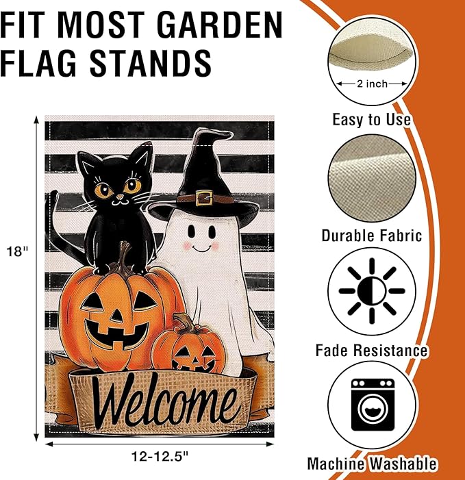 Artofy Welcome Halloween Black Cat Ghost Small Decorative Garden Flag, Spooky Jack O Lantern Pumpkin Yard Lawn Outside Decor, Funny Stripes Burlap Outdoor Home Decoration Double Sided 12 x 18