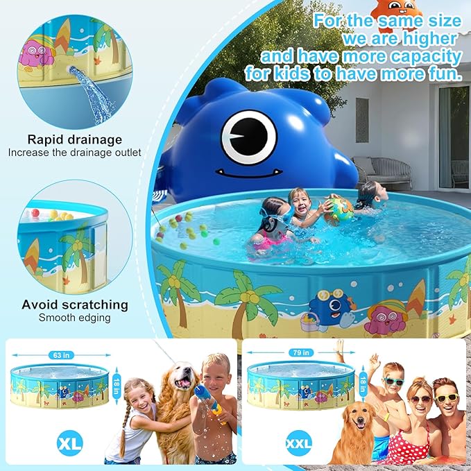 Foldable Swimming Pool for Kids 63"x18" Hard Plastic Portable Dog Pool Anti-Slip Collapsible Pets Bathtub Kiddie Pool Indoor Outdoor Backyard (JellieMons 63'')