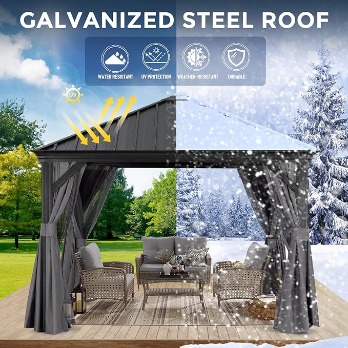 ABCCANOPY Hardtop Gazebo 10x10 - Outdoor Metal Hard Top Gazebo, Permanent Galvanized Steel Aluminum Framed Pavilion with Netting and Curtain for Patio Backyard Lawn Garden (Single Roof, Gray)