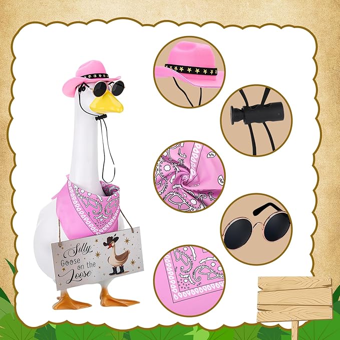 Western Cowboy Porch Goose Outfits, Lawn Cement Plastic Goose, Silly Goose on The Loose Wood Cowboy Hat Bandana Glasses (Pink)