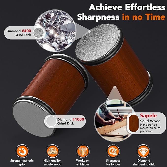 Rolling Knife Sharpener for Razor Sharp Edges, Easy Kitchen Knife Sharpening Tool Kit for Steel of Any Hardness, 15 & 20 Degrees Powerful Magnetic Holder