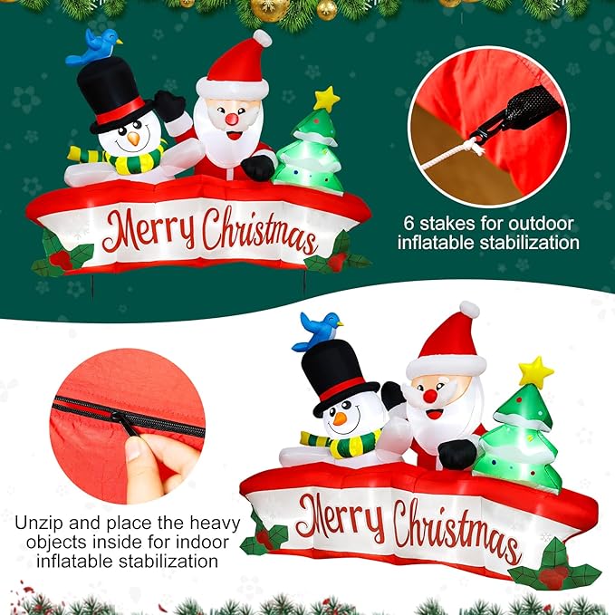 8ft Christmas Inflatables Banner Outdoor Decorations + 6ft Inflatable Snowman Santa Claus Christmas Blow Up Yard Decorations with Build-in LEDs Christmas Inflatable Decoration for Yard