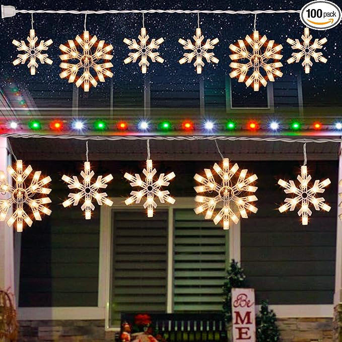 Dazzle Bright Christmas Snowflake Lights Outdoor,100 Count 8.5FT Connectable Waterproof Christmas Icicle Lights with 6 Drops Plug in for Indoor Xmas Yard Home Decorations (Warm White)