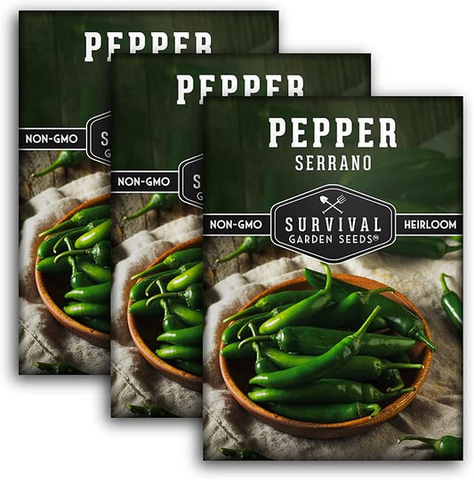 Survival Garden Seeds - Serrano Pepper Seed for Planting - 3 Packs with Instructions to Plant and Grow Spicy Mexican Peppers in Your Home Vegetable Garden - Non-GMO Heirloom Variety