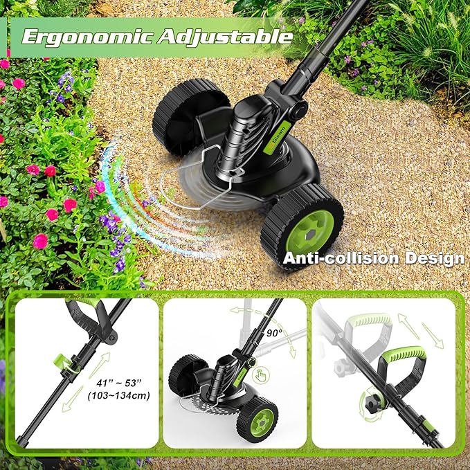 Weed Wacker Cordless, Gisam Brushless String Trimmer with 2 X 2.0Ah Battery, 8" Electric Grass Cutter, 3 in 1 Weed Eater with 3 Types Blade & Wheels for Garden/Lawns
