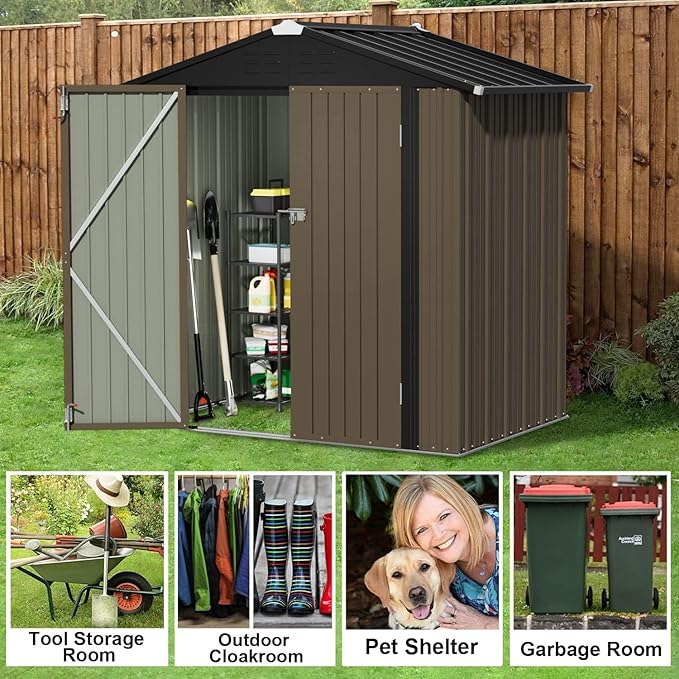 JUMMICO Metal Outdoor Storage Shed 6 x 8 FT Metal Shed with Lockable Door,Waterproof Garden Tool Shed Storage House for Backyard Patio Lawn,Brown