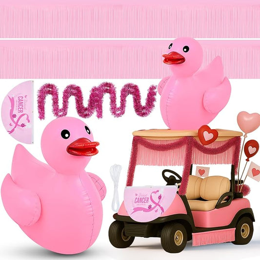 Hungdao Large Breast Cancer Golf Cart Decorations Kit, Giant PVC Pink Inflatable Duck, Tinsel Garlands Tinsel Streamers Fan Flag, Reuseable Indoor Outdoor Decoration for Awareness Parade