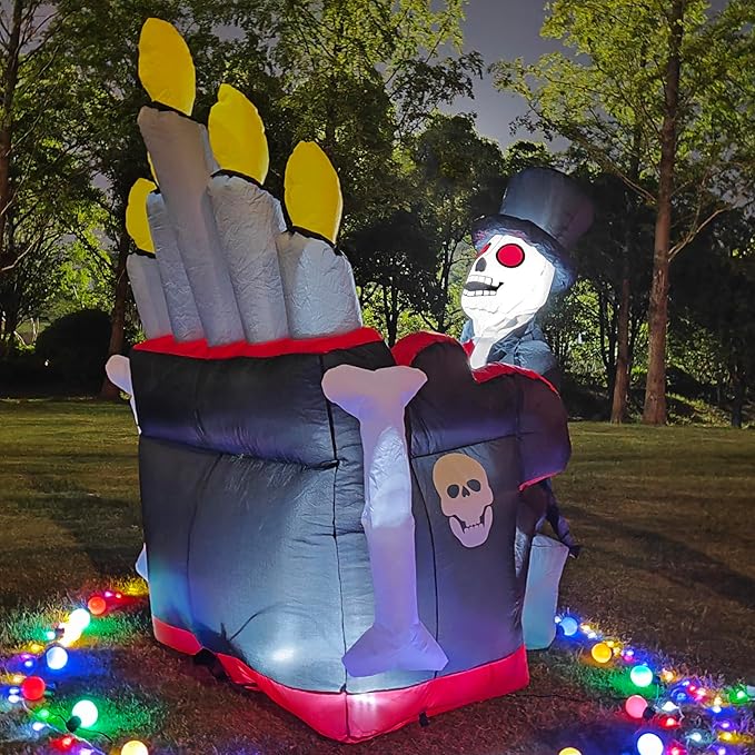Bonus Bluetooth Speaker! 5.4x5.4FT Giant 3D Novelty Halloween Inflatable Skeleton Playing Piano with Build-in LED Lights and Bluetooth Speaker, Playing Music Remotely by Youself! Outdoor Indoor Decor