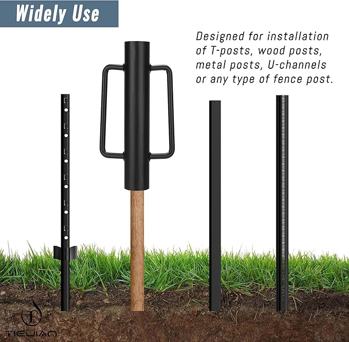 Fence Post Driver T Post Pounder with Handle 12 LB, Heavy Duty Hand Post Rammer for Wooden Posts/U-Channels/Fence Posts, 16 Inch Post Hole Digger (Black)