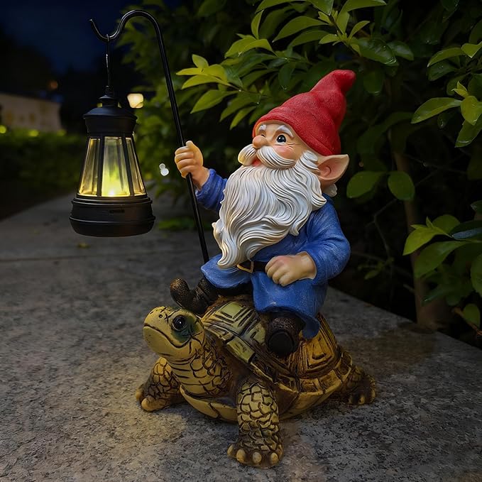 Garden Gnome Statue Riding Turtle - Garden Gnomes Decorations with Solar LED Lights, 7.9" Outdoor Resin Figurine Ornament for Patio, Yard, Funny Lawn Decor (Colored)