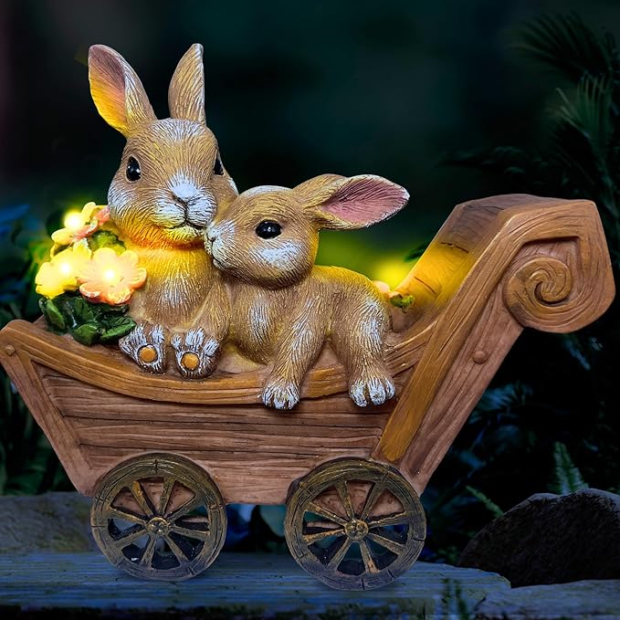 PRETMANNS Solar Rabbit Garden Statue - Mother & Baby Bunny Outdoor Decor with LED Lights for Patio, Yard Ornament & Gifts for Women & Mom - Medium
