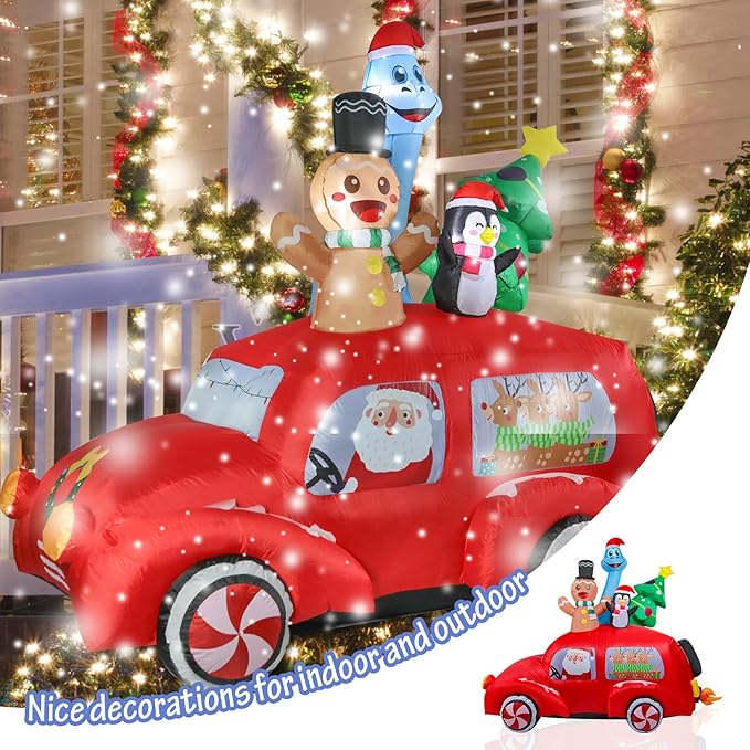 VCUTEKA Christmas Inflatables Outdoor Decorations - 8FT Inflatable Red Car with Gingerbread Man and Dinosaur Christmas Blow Up Yard Lighted for Holiday Garden Lawn Xmas Decor