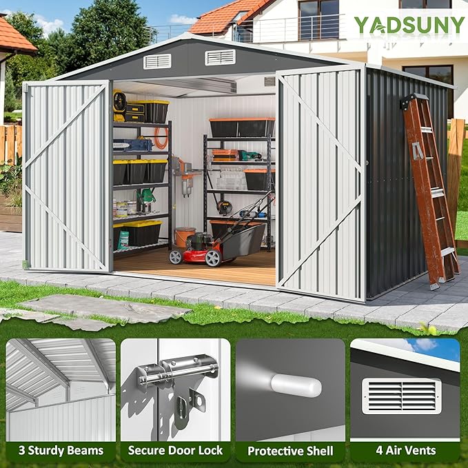 10x8 FT Outdoor Storage Shed, Metal Garden Tool Shed with Updated Frame Structure and Lockable Doors, Ideal for Backyard Garden Patio Lawn, Grey
