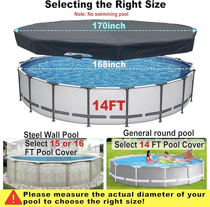14 Ft Pool Cover, with Automatic Drain Round Pool Cover, One-Piece Quick Installation and Removal Above Ground Pool Cover, Preventing Waterlogging, UV Protected Solar Swimming Pool Cover