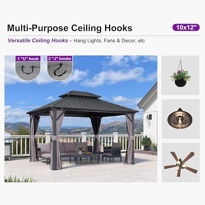 PURPLE LEAF 10'x12' Hardtop Gazebo with Lights UV-Protected Aluminum Double Roof Galvanized Steel Frame Outdoor Patio Gazebo Including Netting and Curtains for Deck Garden Backyard Grey