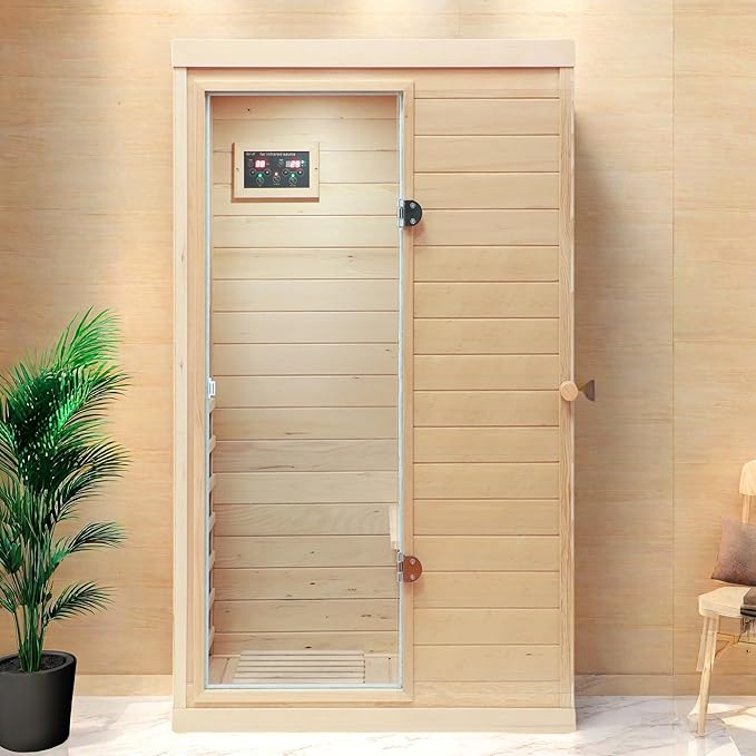 1 Person Far Infrared Indoor Sauna Hemlock Mini Single Person Sauna for Home with LCD Display & Bluetooth on The Left of The Indoor, Natural