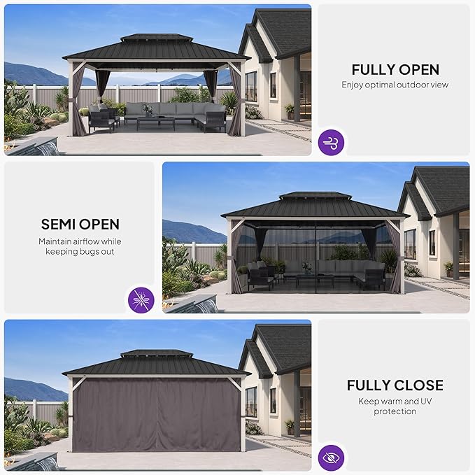 PURPLE LEAF 12' X 16' Hardtop Gazebo, White Aluminum Frame Gazebo with Double Roof, Curtain and Netting for Patio, Garden and Backyard