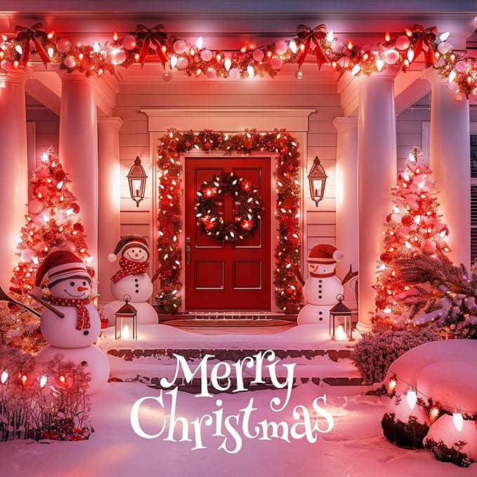 Brightown Red and White C9 LED Christmas String Lights, 33ft 50 LED Waterproof Strawberry String Lights, Plug-in Extendable Green Wire Lights String for Outdoor Indoor Patio Party Decoration