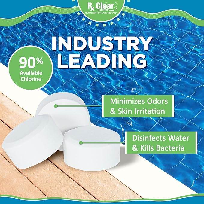 Rx Clear 1" Inch Chlorine Tabs | 8 Pounds | Use Tablets as Bactericide, Algaecide, & Disinfectant in Swimming Pools | Stabilized, Long Lasting, Slow Dissolving, & UV Protected