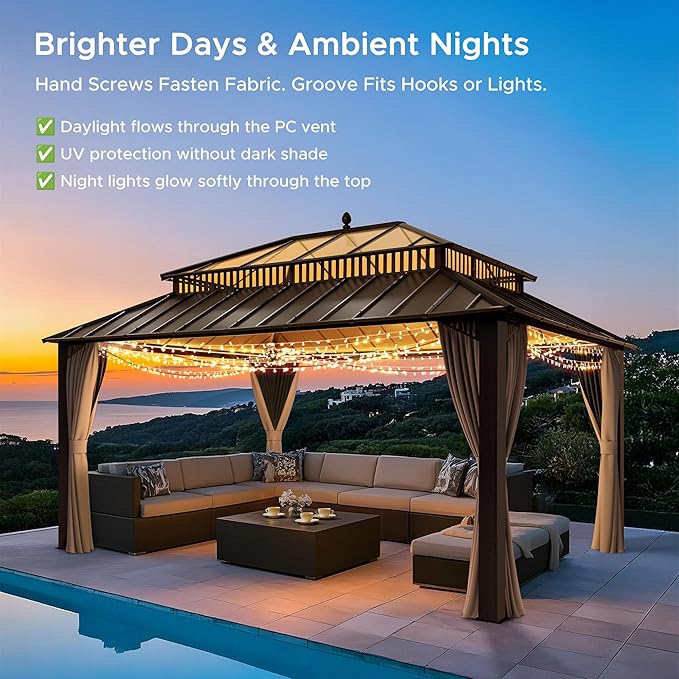 SUNJOY Kingston 16' x 12' Hardtop Gazebo with Galvanized Steel/Polycarbonate Double Roof, Curtain and Netting, Brown Aluminum Posts Permanent Pavilion Gazebo for Garden, Patio, Deck, Lawn