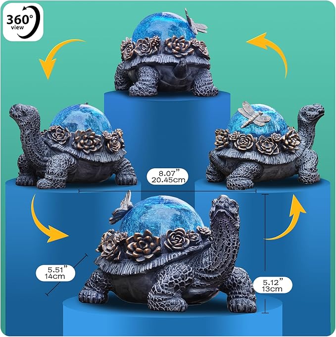 Outdoor Turtle Statue – Resin Animal Figurine with Blue Crystal Solar Lights,Golden Succulent Accents & Dragonfly Decor, Cute Garden Ornament, Yard Art for Lawn, Patio,Mom Wife Unique Gifts