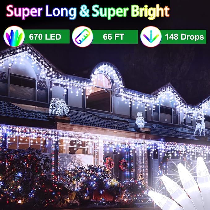 66FT 670 LED Outdoor Christmas Lights - 148 Ice Drops, 12 Pro Modes with Timer Memory & Brightness, Waterproof Hanging Ice String Light for Holiday Wedding Garden Fence House Decor (Cool White)