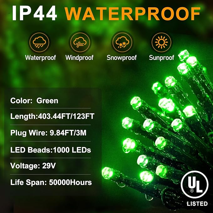 KNONEW 403FT 1000 LED Christmas String Lights Outdoor Green Wire Fairy Light 8 Modes & Timer Plug in Waterproof LED String Lights for Xmas Yard Tree Wedding Party Holiday Decorations(Green)