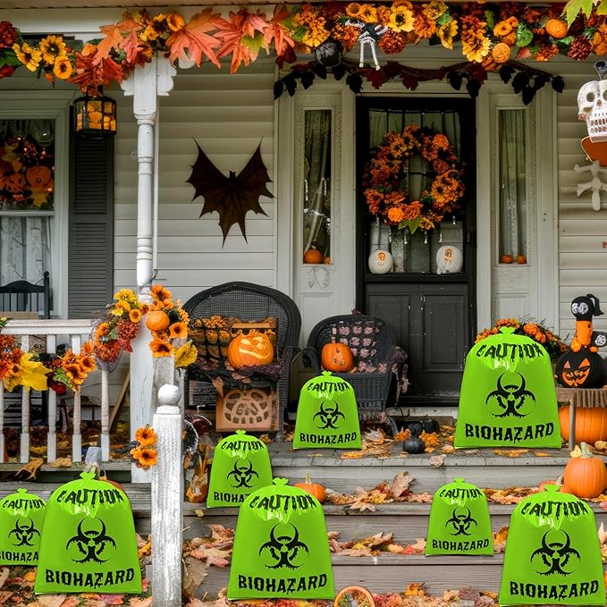 12 Pcs Large Halloween Leaf Bags Biohazard Halloween Decorations Halloween Trash Bags for Leaves Plastic Yard Lawn Waste Bag Scientist Biohazard Bag Outdoor Biohazard Zombie Party Decorations (Green)