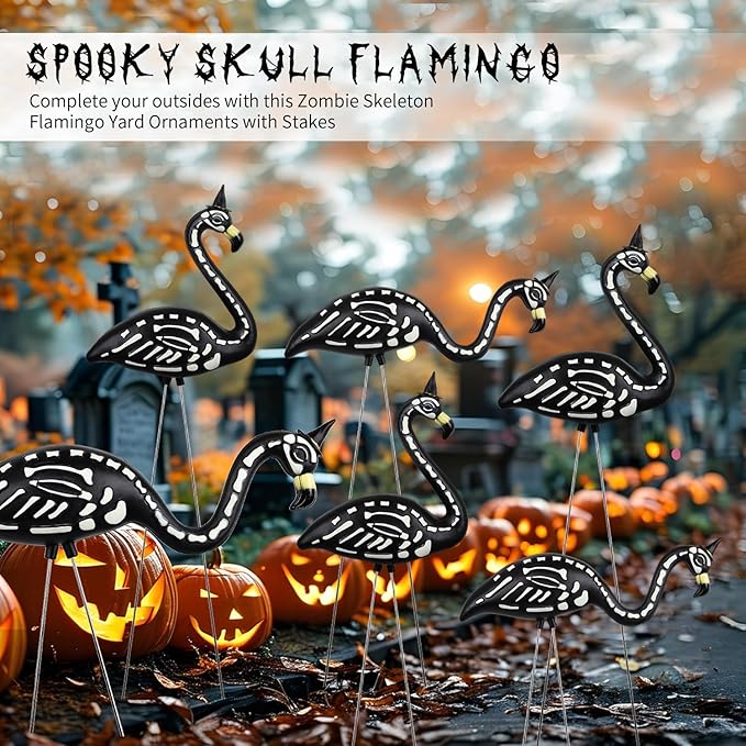 Halloween Black Flamingo Skeleton,Skeleton Flamingo Glow in The Dark, Zombie Flamingos for Spooky Graveyard Decorations, Skull Flamingo with Stakes for Halloween Lawn Ornaments, 2 Pack