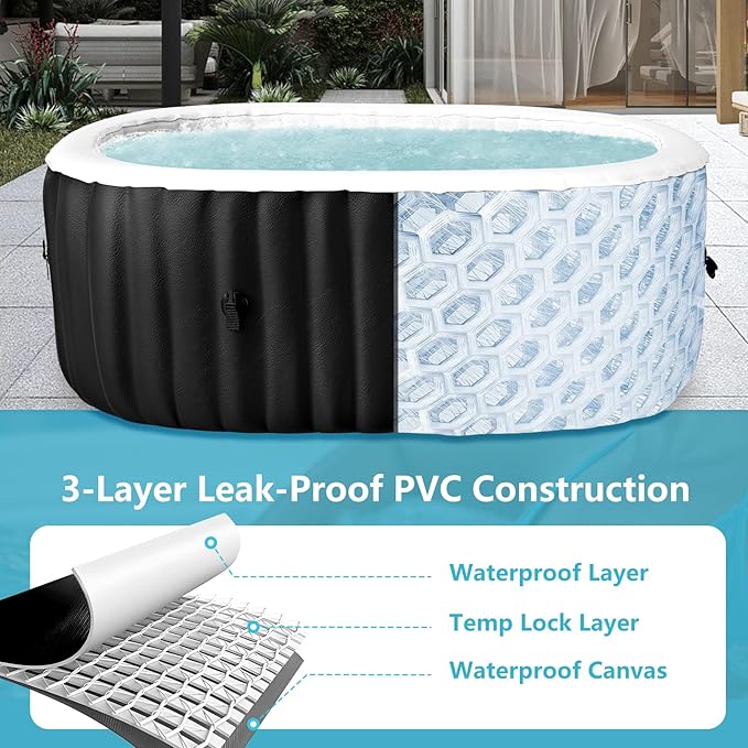 Inflatable Hot Tub with LED Lights, 2 Person Oval Portable Blow up Hot Tub Spa with Side Table, Leak-Proof PVC Outdoor Spa with 100 Air Jets, Heater Pump and Insulated Cover, 75” L X 47”W X 25”H