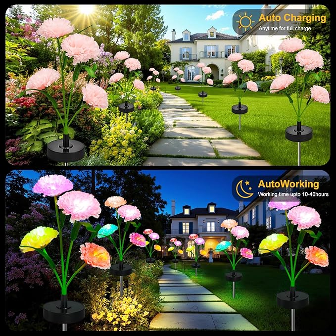 Solar Flowers Lights - Upgraded Outdoor Carnation Flowers Lights, 7-Color Changing & Waterproof Outdoor Solar Lights for Garden, Patio, Backyard,Party and Office (Carnation, 2)