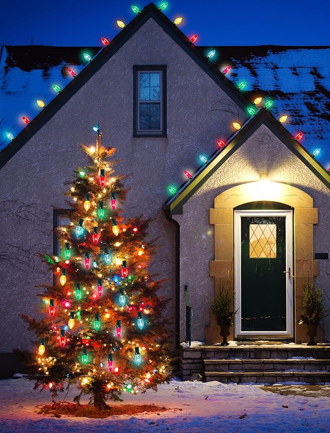 C7 Christmas Lights Outdoor, 25Ft Vintage Christmas String Lights with 27 Multicolor Clear Bulbs, Hanging Christmas Decorations Lights for Roofline House Garden Patio Backyard Party-Green