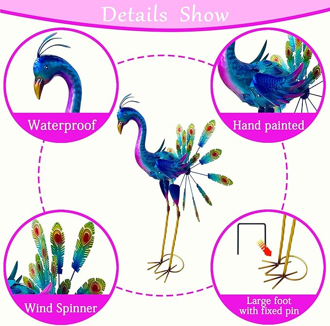 Decorative Metal Peacock Garden Statue, Iridescent Blue Purple Finish, Outdoor Lawn Ornament with Feather Display