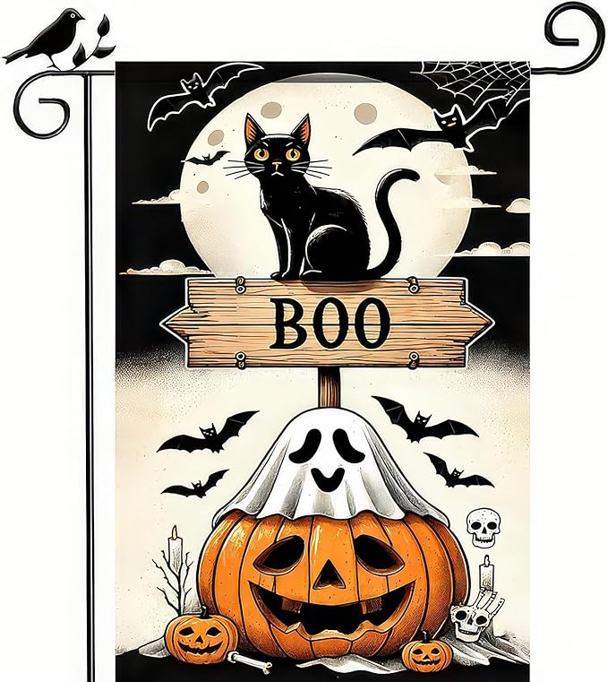Halloween Garden Flag 12x18 Inch Double Sided Ghost Pumpkin Flags Cat Boo Sign Moon Bat Banner Small Yard Flag for Halloween Outdoor Decoration