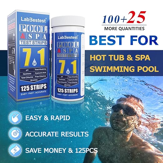 Pool Spa and Hot Tub Test Strips - 125 Pool Spa Test Strips - Swimming Pool Water Testing Kit - Rapid Accurate Easy to Test pH, Hardness, Bromine, and More (7-Way)