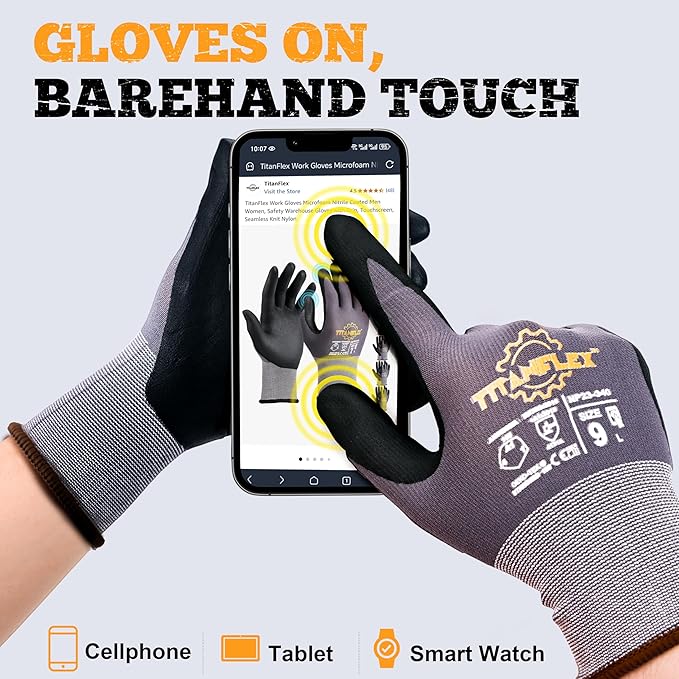 TitanFlex Work Gloves Microfoam Nitrile Coated Men Women, Safety Warehouse Gloves with Grip, Touchscreen, Seamless Knit Nylon