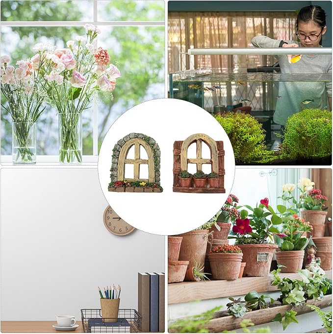 DOITOOL 2Pcs Miniature Fairy Garden Window,Artificial Window Ornament Miniature Fairy Doors Gnome Home Decoration,Resin Landscape Yard Art Garden Sculpture Fish Tank Decoration