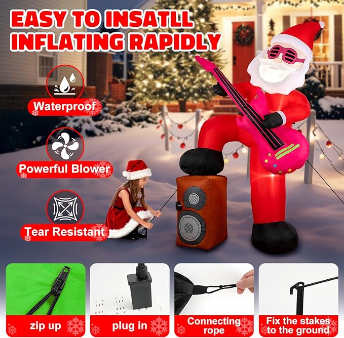 8ft Christmas Inflatable Outdoor Decorations, Blow up Yard Decor with Santa Claus Plays The Guitar and Sings While Stepping on The Speaker, Bright LED Lights Christmas Outdoor Decorations