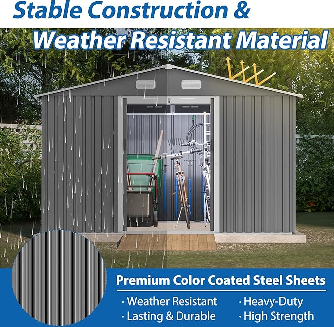 10X8 FT Outdoor Storage Shed, Metal Foundation & Lockable Doors, Tool Shed for Garden, Patio, Backyard, Lawn, Grey