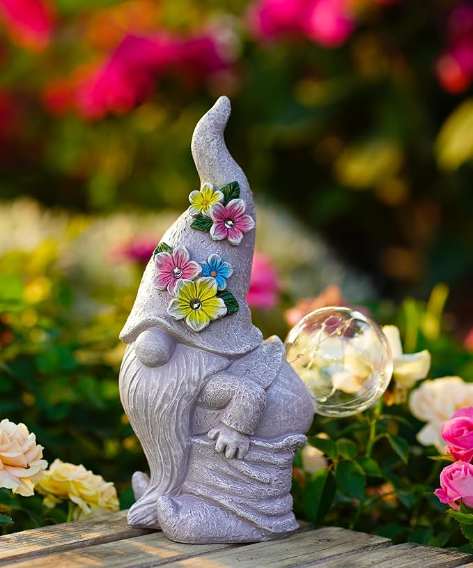 Funny Garden Gnome Statue with Lights, Outdoor Sculpture Decor for Home Yard Lawn Porch Balcony Patio,Gardening Gifts for Women Mom Grandma