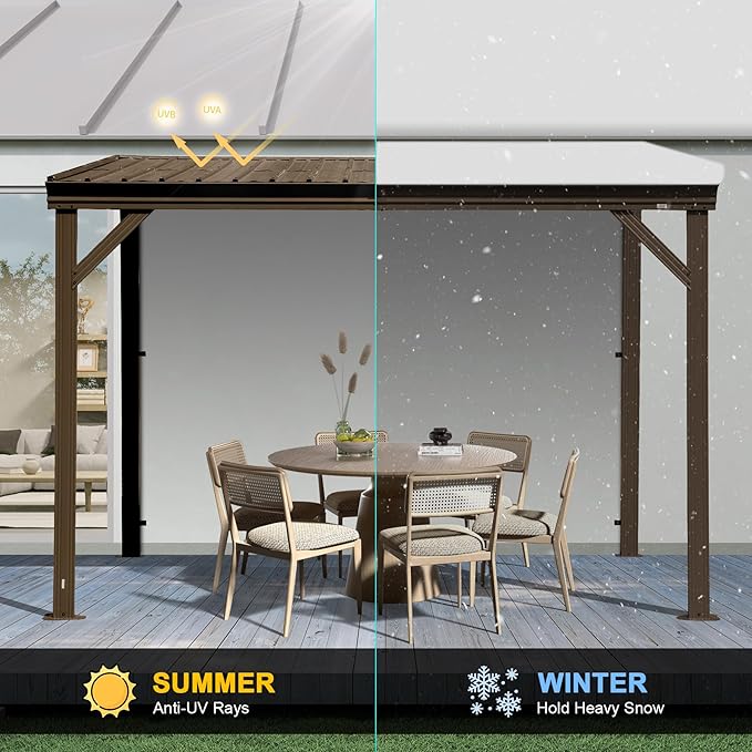 Domi 10’x10’ Lean-to Gazebo, Hardtop Wall-Mounted Gazebo Pergola with Sloping Galvanized Steel Roof and Upgraded Drainage System, Outdoor Permanent Metal Shelters for Patio Backyard Deck, Brown