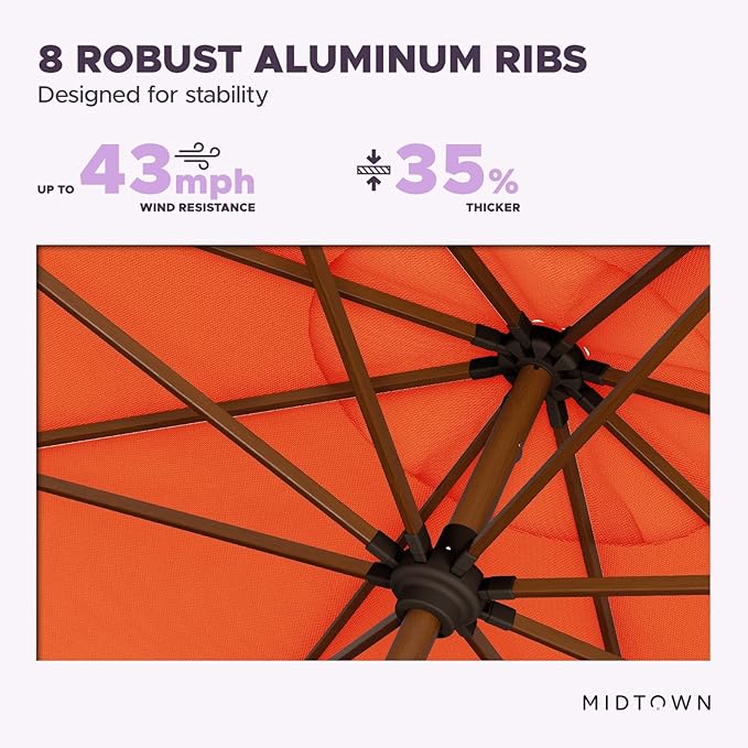 Midtown Umbrellas Wooden 2-9 Feet Outdoor Patio Umbrella, Terylast Bright Orange Fabric, Aluminum Frame For Backyard Umbrella, Deck Umbrella, Garden Umbrella & Pool Umbrella - Wooden Pole