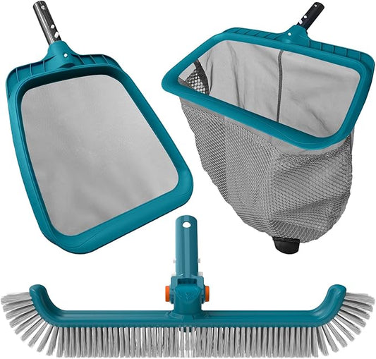 Economy Swimming Pool Cleaning Kit - Fine Mesh Deep Pool Rake & Leaf Skimmer Net, Rotatable Pool Brush Head for Cleaning Above Ground & Inground Pools (No Pole)