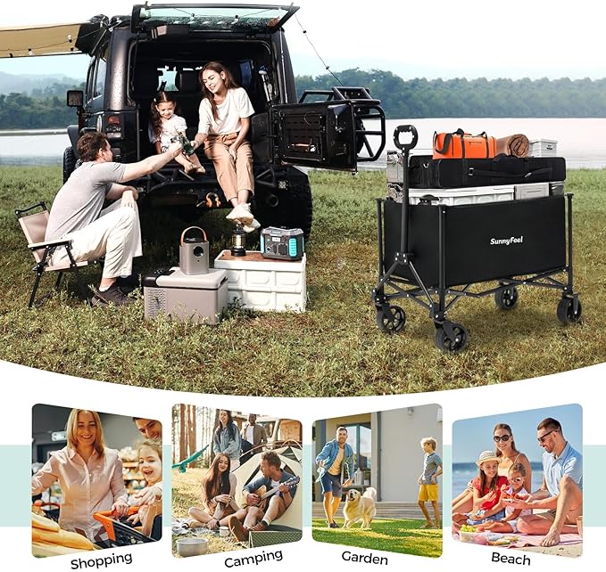 SUNNYFEEL Collapsible Wagon Cart with Wheels Foldable - 176lbs Standard Borderless Version Wagon Carts for Grocery Sports Garden Shopping Camping(Black, 164L)