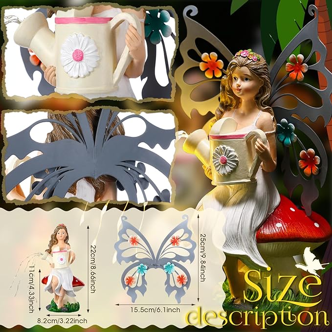 9. 8'' H Fairies Garden Figurines Garden Accessories Butterfly Wing Fairy Figurine Mushroom Decor Solar Luminous Watering Can Resin Statue for Outdoor Indoor Patio Yard Home Decorations