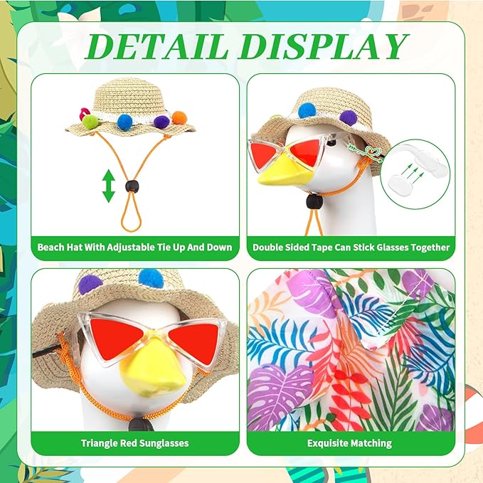 Hawaiian Porch Goose Outfits, Summer Lawn Goose Outfit with Sunglasses & Hat, Yard Goose Clothes and 3 Pcs/Set Goose Costume for 23" 17" Statue Patio Garden Decoration