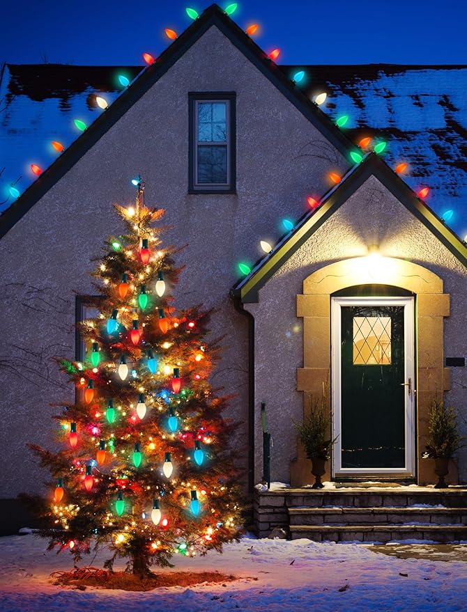 C7 Christmas Lights Outdoor, 25Ft Vintage Christmas String Lights with 27 Multicolor Ceramic Bulbs, Hanging Christmas Decorations Lights for Roofline House Garden Patio Backyard Party-Green