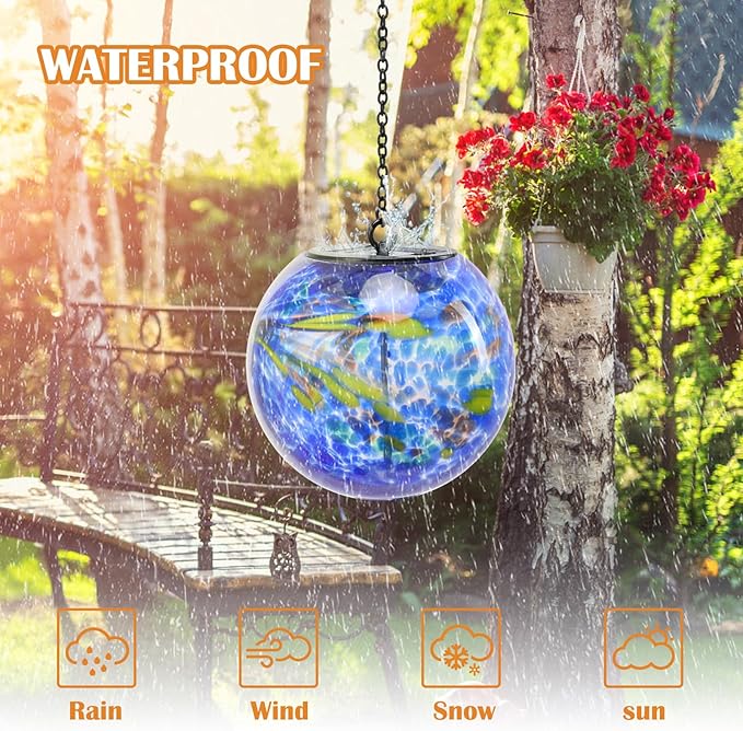 Solar Hanging Lanterns Outdoor Solar Glaze Glass Lantern Globe Hanging Outdoor Lights for Garden Yard Home Decoration Blue