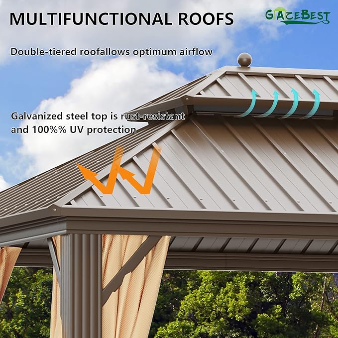 12' X 16' Hardtop Gazebo, Outdoor Aluminum Patio Gazebo Double Roof Galvanized Steel Wooden Finish Coated Canopy with Netting and Curtains for Garden, Patio, Backyard, Deck and Lawns.